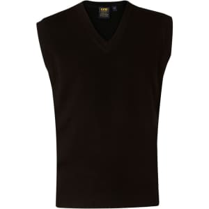 A dark green v-neck wool and acrylic knit vest with no sleeves and a ribbed hem, featuring a logo label inside.