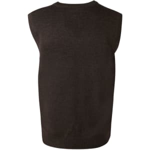 A dark brown v-neck wool and acrylic knit vest featuring a sleeveless design and ribbed hem.