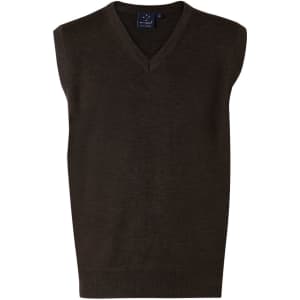 A dark green V-neck wool and acrylic knit vest featuring a sleeveless design and a plain finish.