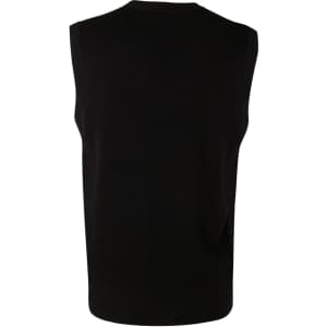 A black V neck wool and acrylic knit vest, featuring a sleeveless design and ribbed bottom hem.