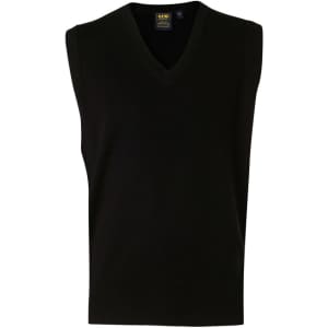 A black V-neck wool and acrylic knit vest with a sleeveless design and a logo label.