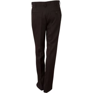 Brown permanent press slacks with a straight leg, featuring back pockets and a logo on the waistband.