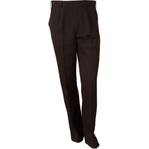 Men's permanent press pants in dark brown, featuring a straight-leg design and a button closure.