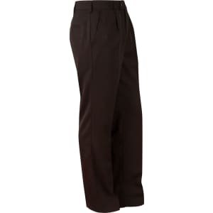 Dark brown permanent press slacks with a straight leg and two side pockets. Features a logo on the waistband.