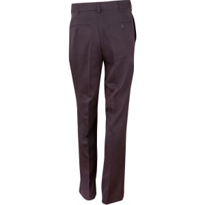 Dark grey men's permanent press slacks, featuring a straight-leg cut and back pockets. The pants have a sleek appearance.