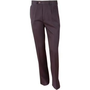 Dark grey men's permanent press pants with a tailored fit and a button closure. Features a logo on the waistband.