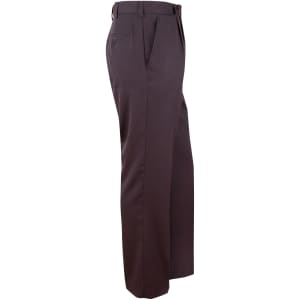 A pair of men's permanent press slacks in dark brown, featuring a side pocket and back buttoned pocket.