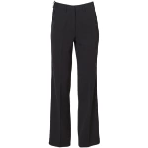 Black ladies' permanent press pants with a tailored fit, featuring a classic slacks design and a waistband.