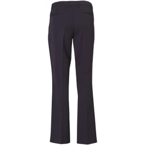 A pair of black ladies' slacks with a flared leg and back pockets. The pants feature a polished finish.