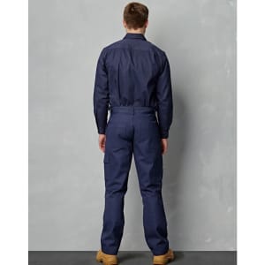 Navy blue men's cotton drill cargo pants with knee pads, featuring a fitted design and pockets.