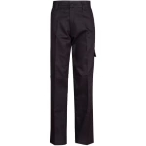 Men's black cotton drill cargo pants featuring knee pads and a side pocket. Includes a logo on the waistband.