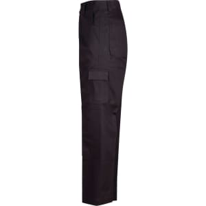 Men's black cotton drill cargo pants, featuring multiple pockets and knee pads, with a branded logo.