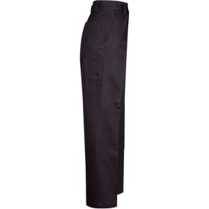 Men's black cotton drill cargo pants with knee pads, featuring multiple pockets and a tailored fit.