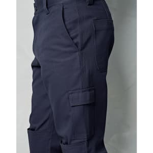 Men's cargo pants in navy blue, featuring knee pads and multiple pockets, with a sleek, fitted design.