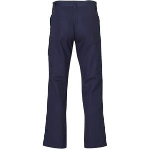 Navy blue men's cargo pants featuring pockets and knee pads, designed for durability and comfort.