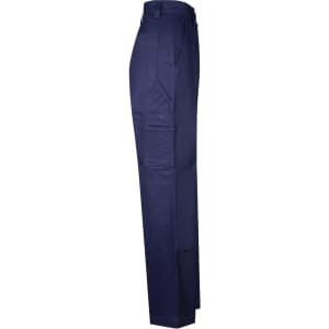 Navy cotton drill cargo pants with pre-shrunk fabric and knee pads, featuring pockets and a side view.