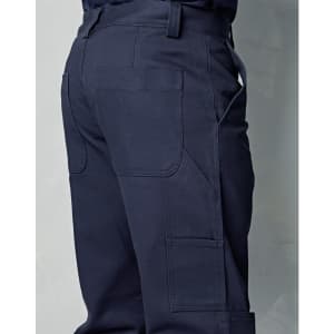 Navy cargo pants featuring knee pads and multiple pockets, with a clear logo on the back.