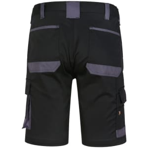 Unisex utility stretch cargo work shorts in black with grey accents and multiple pockets. Features branding on the waistband.
