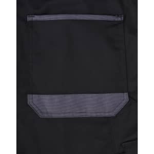 A close-up of a black cargo short featuring a grey pocket on the side, designed for utility and practicality.