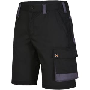 Unisex black utility stretch cargo work shorts with side pockets and a logo.