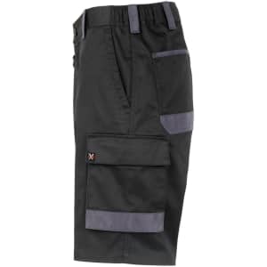 Unisex utility stretch cargo work shorts in black with grey accents and pockets. Features logo.