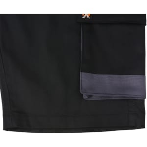 Unisex utility stretch cargo work shorts in black with multiple pockets and a logo.