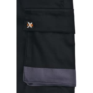 A pair of black unisex cargo shorts features multiple pockets and a grey band, with a logo on the side.