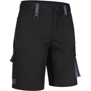 Unisex black utility stretch cargo work shorts with side pockets and a decorative loop, featuring contrasting grey details.