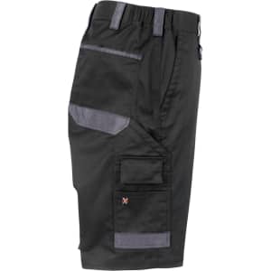 Unisex black utility stretch cargo work shorts with multiple pockets and a logo. Features grey accents.