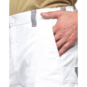 Unisex utility stretch cargo work shorts in white, featuring side pockets and grey detailing. Includes a logo tag.