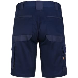 Navy unisex cargo work shorts featuring multiple pockets and a branding logo on the back.