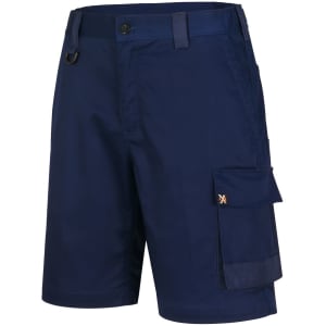 Navy unisex utility stretch cargo work shorts with a side pocket and a branding logo.