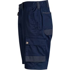 Navy unisex utility stretch cargo work shorts with multiple pockets and an elastic waistband, featuring a logo.