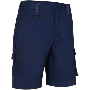 Unisex navy utility stretch cargo work shorts featuring side pockets and a belt loop. Includes branding elements.