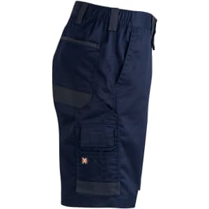 Unisex utility stretch cargo work shorts in navy blue, featuring multiple pockets and an adjustable waistband.