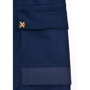 A navy unisex utility stretch cargo work short with a side pocket and branding.