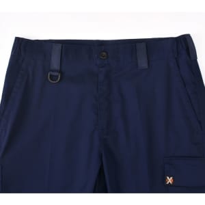Navy blue unisex utility stretch cargo work shorts featuring pockets and a logo.