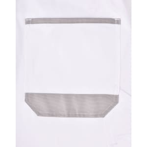 A white cargo short pocket featuring a grey trim and a logo. Simple design for utility use.