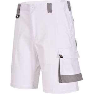 Unisex white utility stretch cargo work shorts featuring multiple pockets and a grey accent. Includes a logo.