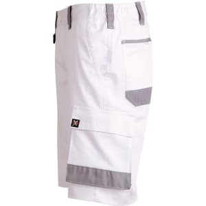 Unisex utility stretch cargo work shorts in white with grey accents, featuring multiple pockets and a logo.