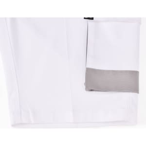 Unisex utility stretch cargo work shorts in white with a grey pocket detail and branding on the waistband.