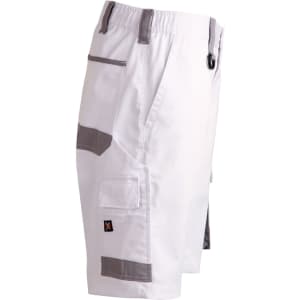 Unisex utility stretch cargo work shorts in white with grey accents, featuring multiple pockets and a logo.