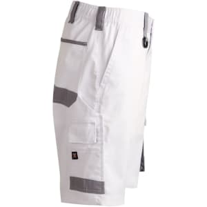 Unisex utility stretch cargo work shorts in white with grey accents and a logo. Features side pockets and a belt loop.