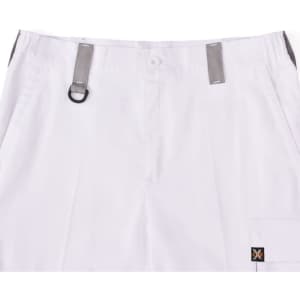 Unisex utility stretch cargo work shorts in white, featuring strap details and a logo.
