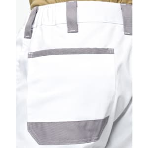 White utility cargo shorts featuring a grey pocket on the back, designed for versatility and comfort.