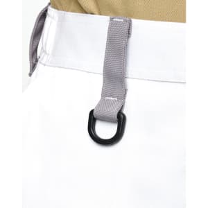 A close-up of white utility shorts featuring a grey belt loop and a black D-ring attachment.