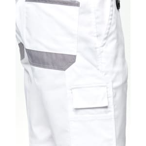 White unisex utility stretch cargo work shorts featuring grey accents and multiple pockets.