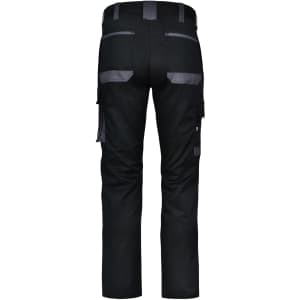 Unisex utility stretch cargo work pants in black with grey accents, featuring multiple pockets and a logo.