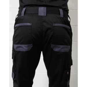 Unisex black cargo work pants featuring multiple pockets and contrasting dark grey waist and pocket details.