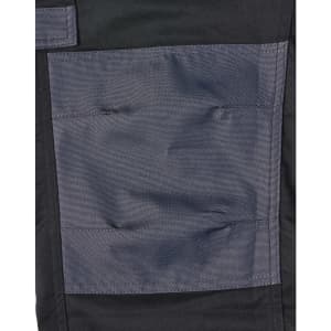 A pair of black cargo work pants featuring a grey utility pocket on the side and a logo on the waistband.